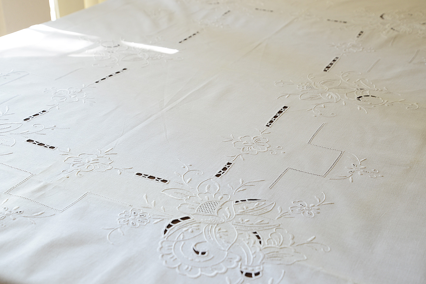 hand embroidered tablecloth, tiffany, closed up